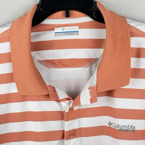 Columbia men’s polo shirt, large, PFG performance orange white stripe Omni-shade - Picture 9 of 11